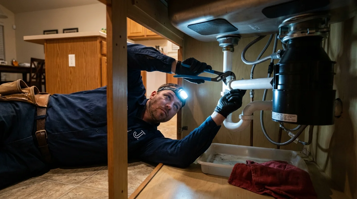 P-trap and supply line connections under a kitchen sink showing a common leak point in Standish, MI